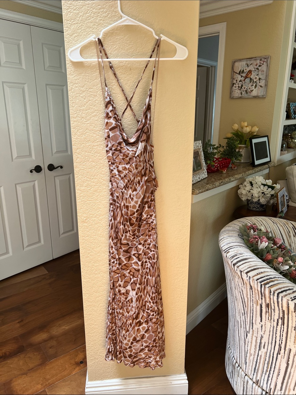 Women’s Brown Animal Print Slip Dress with Cowl Neck, Low Back